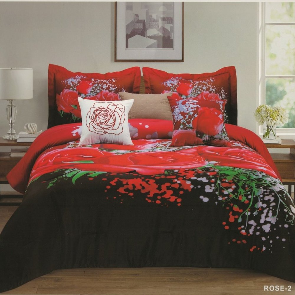 Floral Comforter Set 7 Piece Queen & King Size - Oversized Overfilled Red Roses